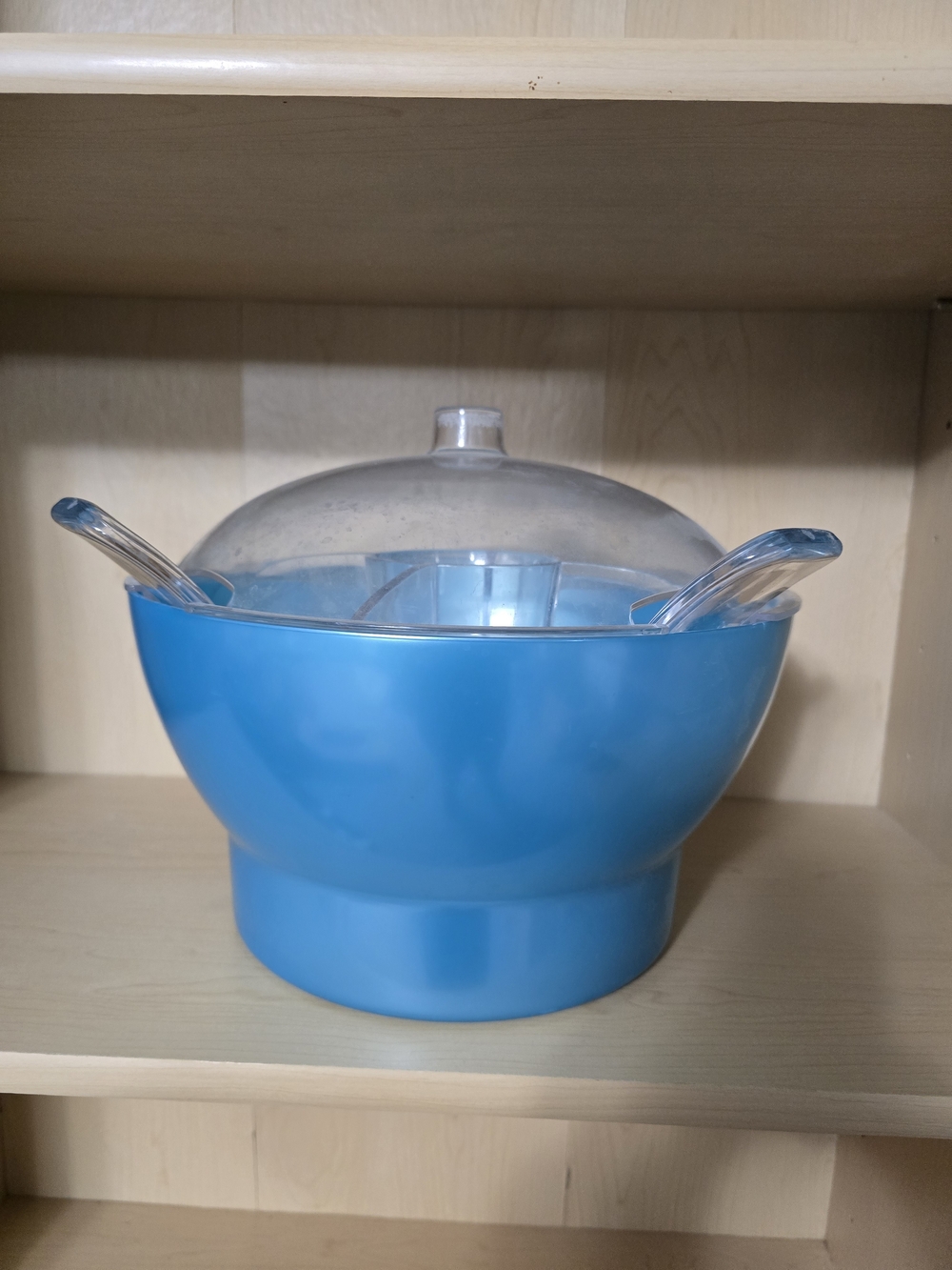 Blue Covered Serving Bowl with Clear Lid and Spoons